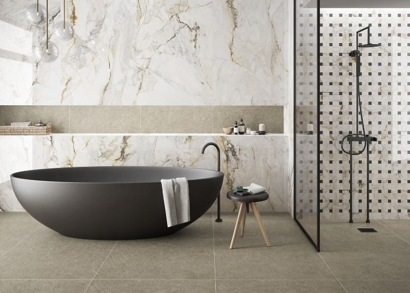 Pisa Gold Polished Marble Look Porcelain Tiles in a room setting