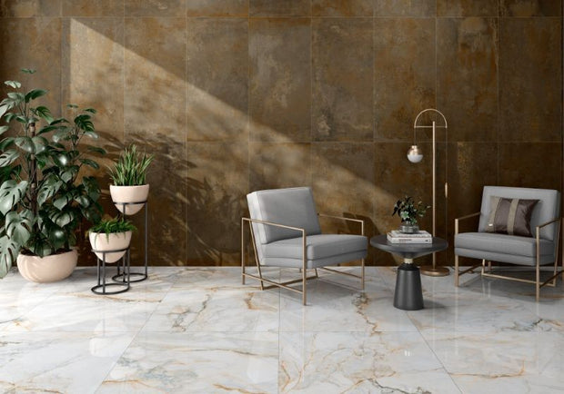 Pisa Gold Polished Marble Look Porcelain Tiles 600x600mm in a room setting