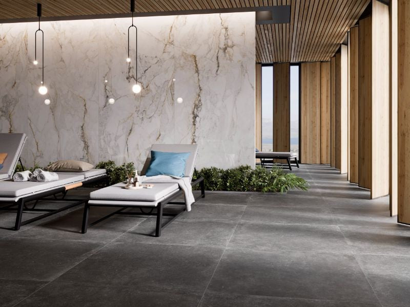 Pisa Gold Polished Marble Look Porcelain Tiles in a room setting