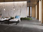 Pisa Gold Polished Marble Look Porcelain Tiles in a room setting