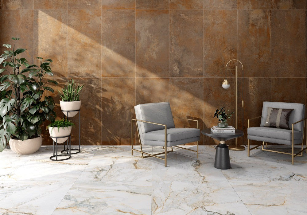 Pisa Gold Satin Marble Look Porcelain Tiles 600x1200mm in a room setting