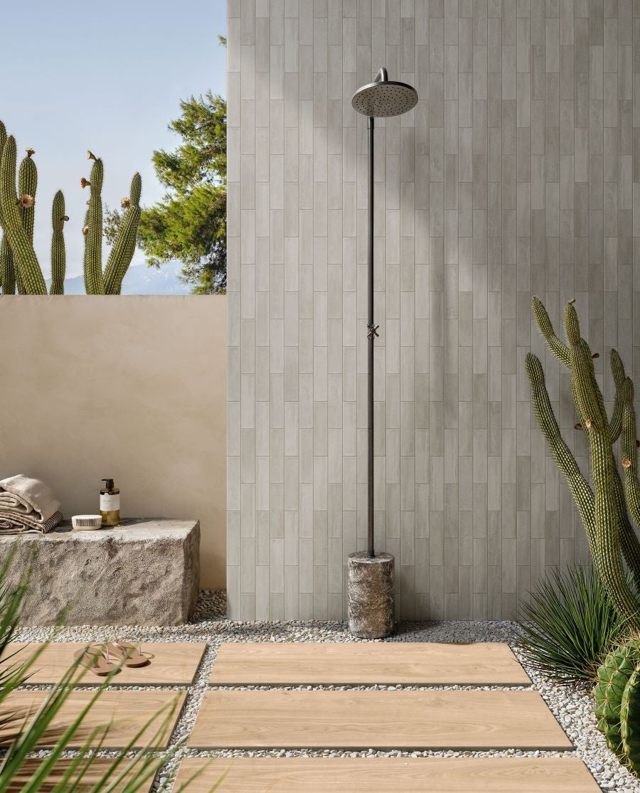 Plyta Concrete Brick Matt Porcelain Subway Tiles in a room setting