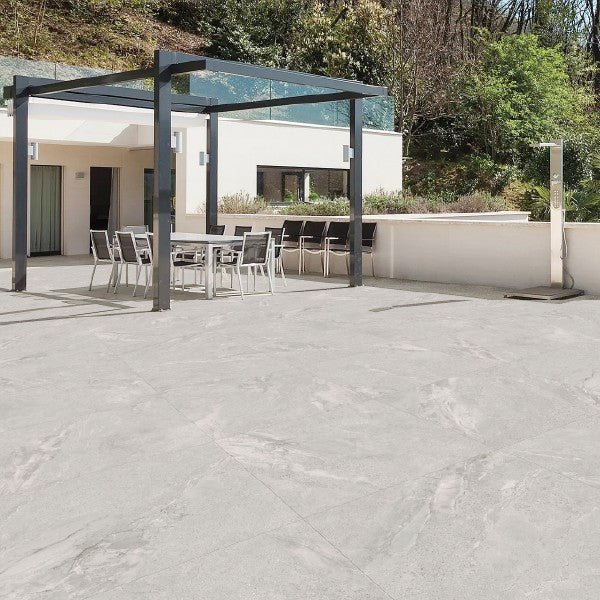 Pure Stone Greige Matt Stone Look Porcelain Tiles in a room setting