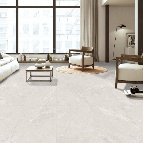 Pure Stone White Matt Stone Look Porcelain Tiles in a room setting