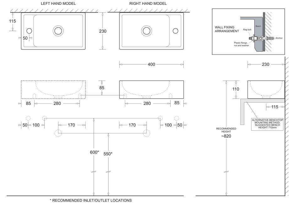 Quado Compact Wall Basin 400 x 230 dimensions line drawing