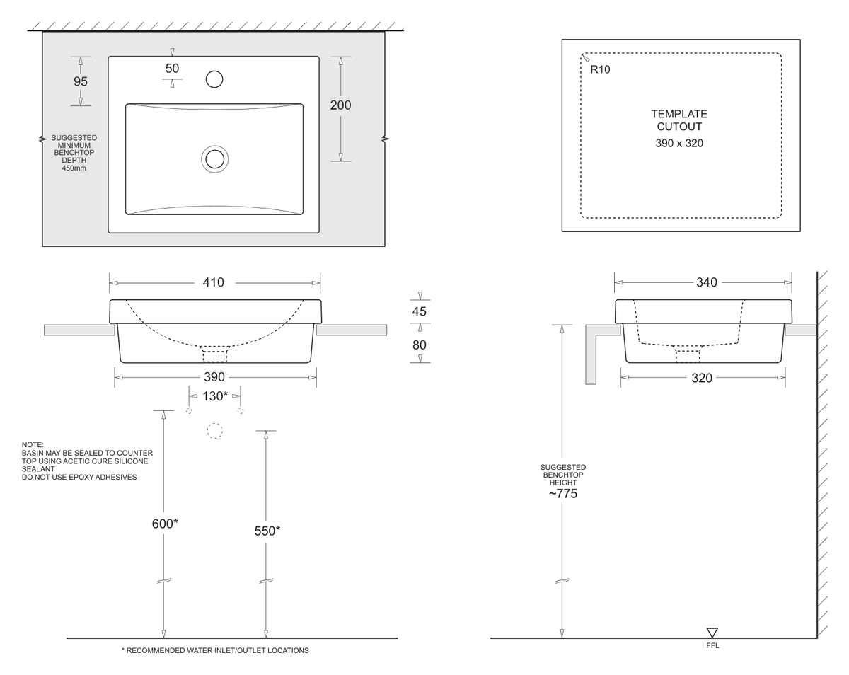 Quado Semi Inset Basin 410 x 340 dimensions line drawing