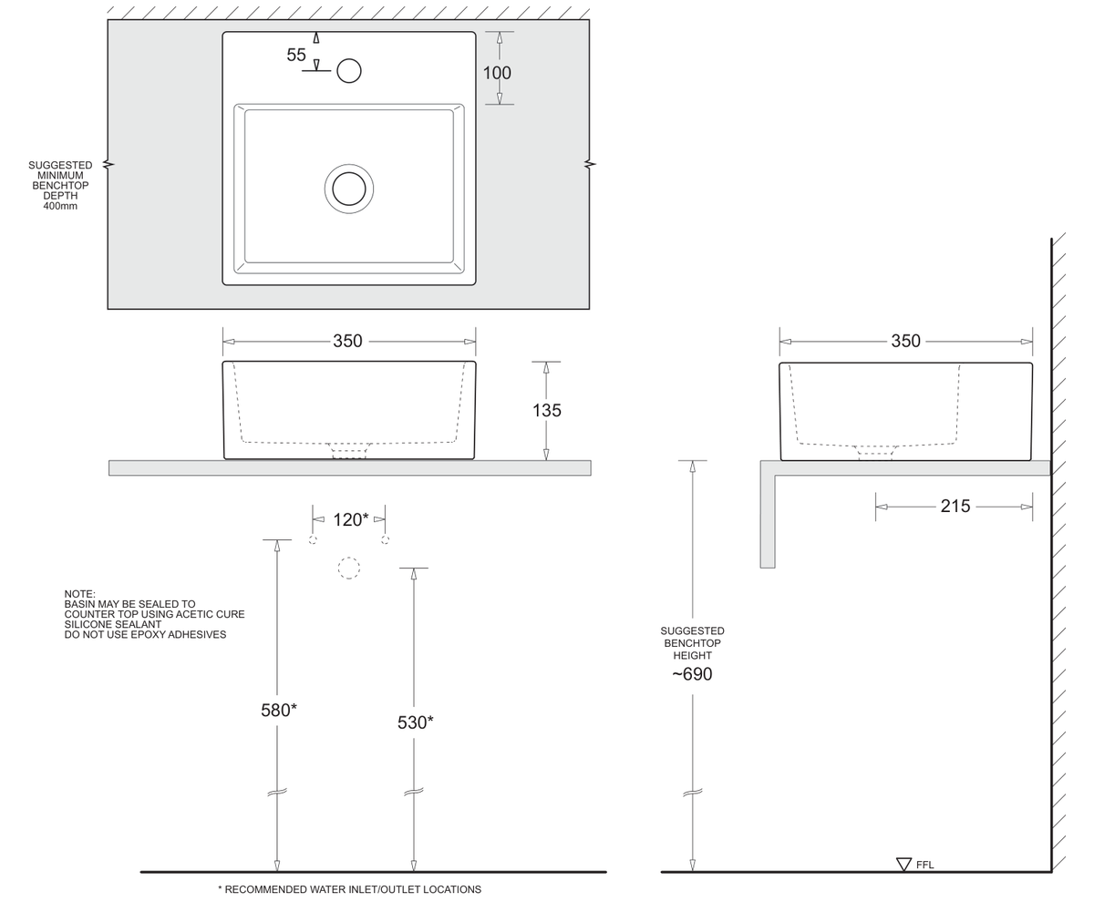Quado Square Countertop Basin 350 x 350 dimensions line drawing
