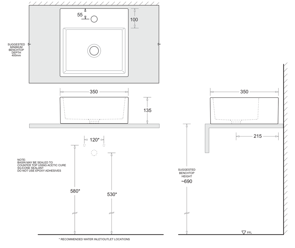 Quado Square Countertop Basin 350 x 350 dimensions line drawing