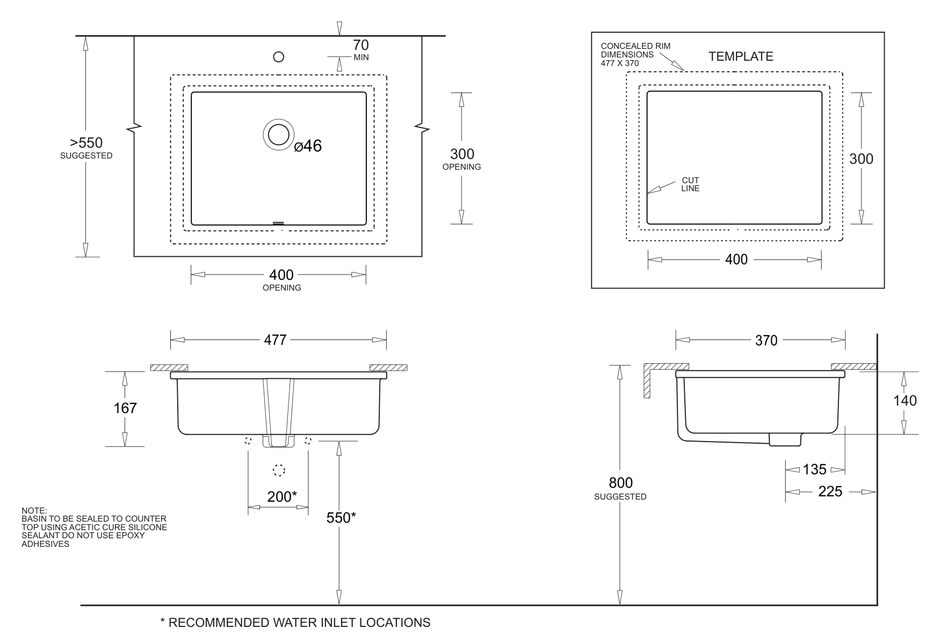 Quado Square Under Counter Basin dimensions line drawing