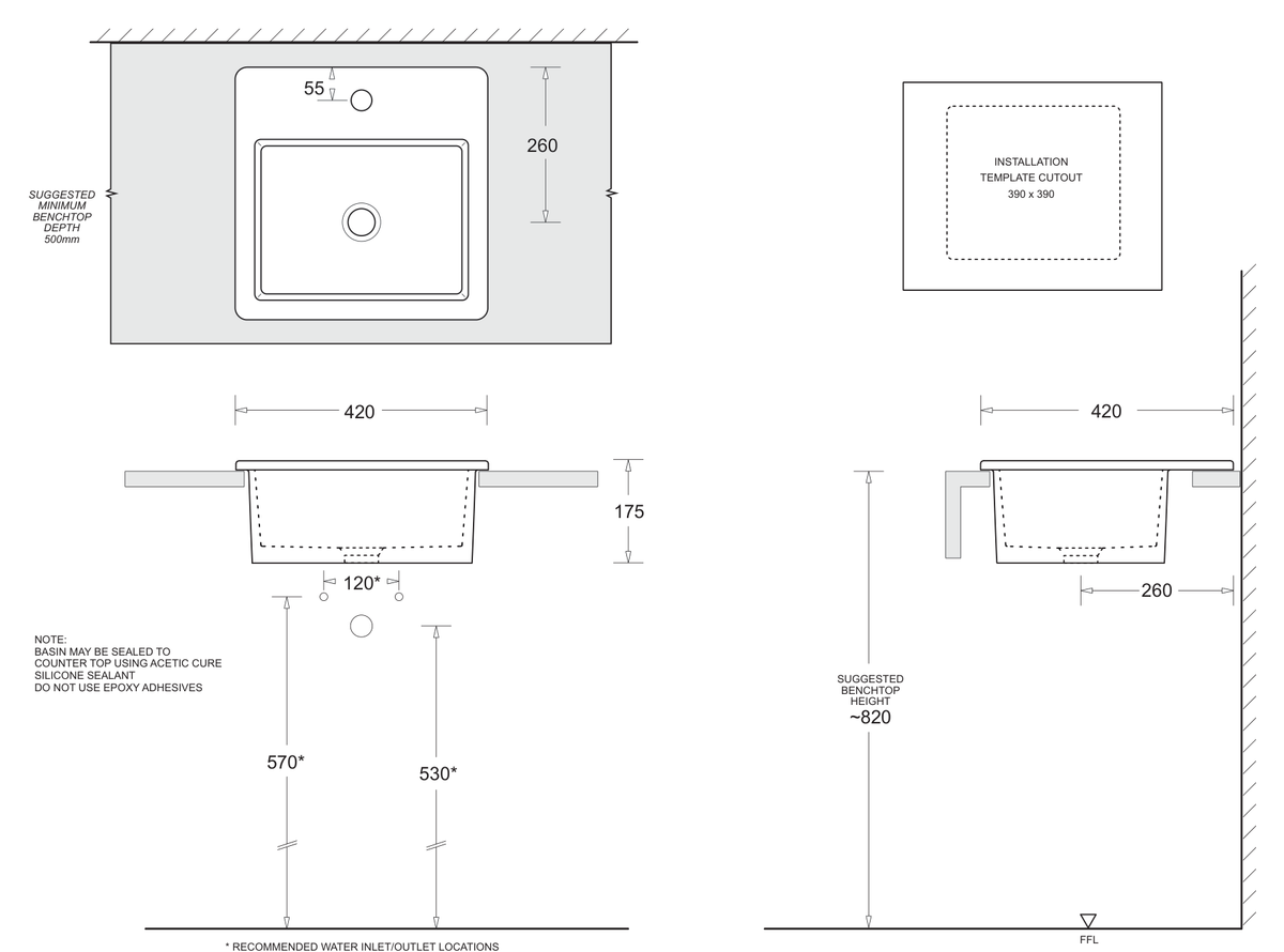 Quado Square Vanity Basin 420 x 420 dimensions line drawing
