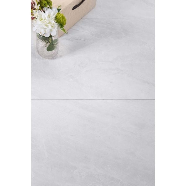 Roma Light Grey Polished Marble Look Porcelain Tiles in a room setting