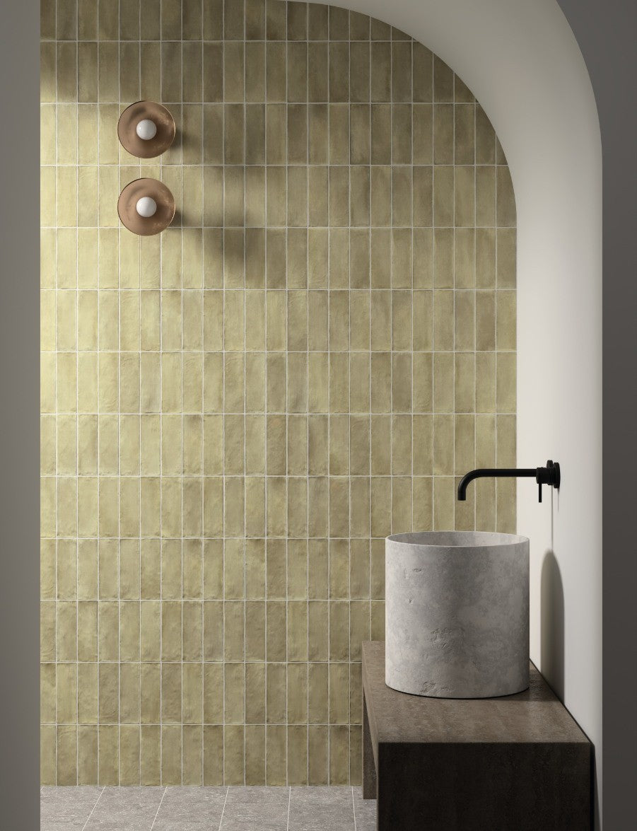 Sabbia Weald Green Matt Ceramic Subway Tiles 65x200mm in a room setting