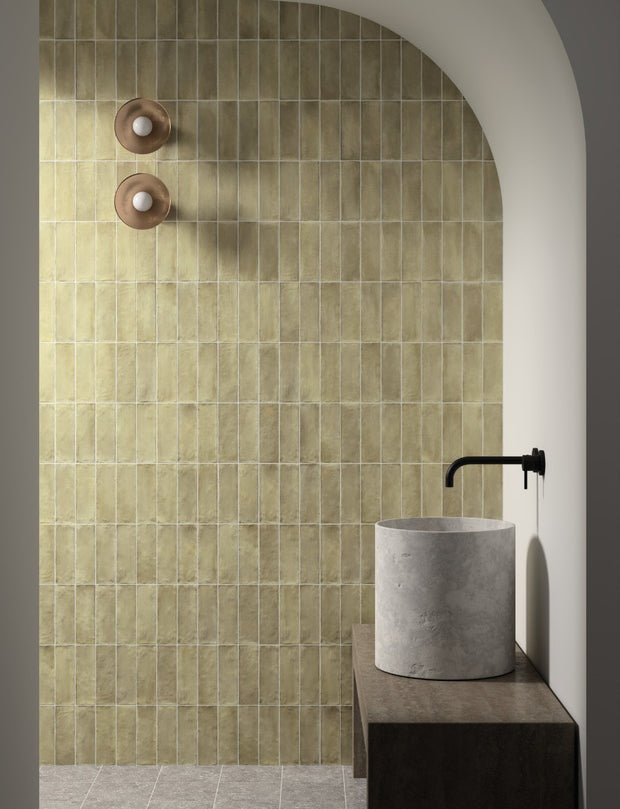 Sabbia Weald Green Matt Ceramic Subway Tiles 65x200mm in a room setting