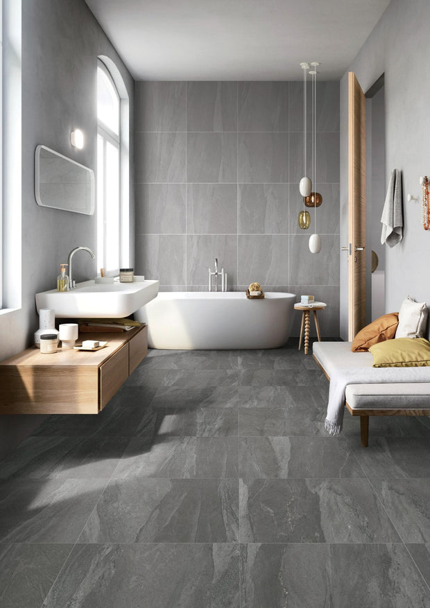 Sandstone Black Matt Stone Look Porcelain Tiles 600x600mm in a room setting