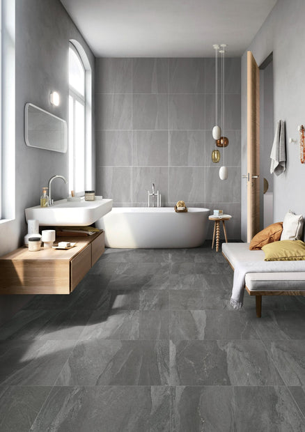Sandstone Black Matt Stone Look Porcelain Tiles 600x600mm in a room setting