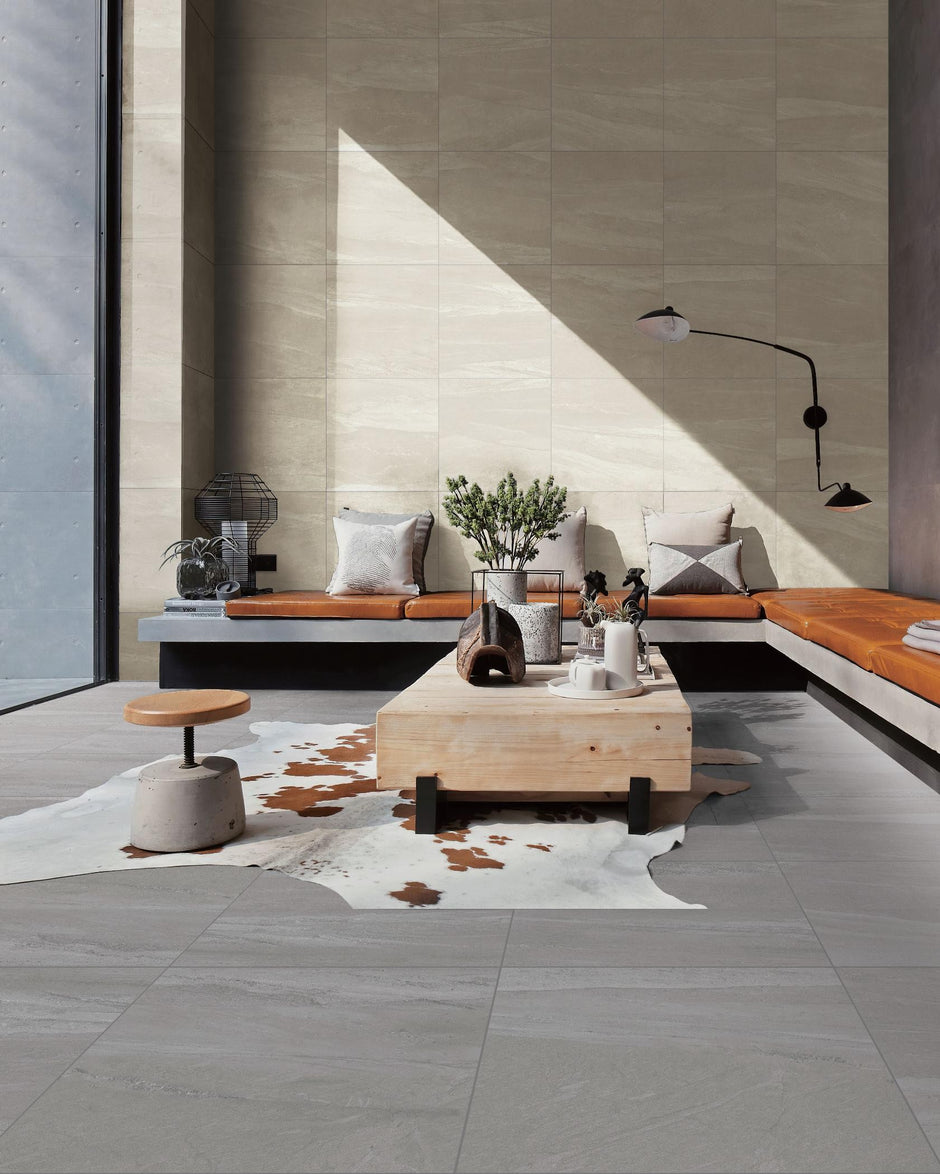 Sandstone White Matt Stone Look Porcelain Tiles 600x600mm in a room setting