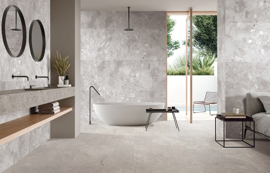 Sassi Stone Ash Matt Terrazzo Look Porcelain Tiles in a room setting