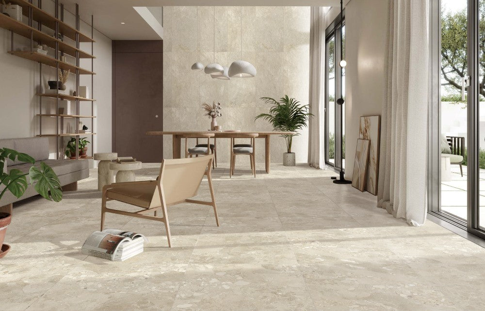Sassi Stone Beige Matt Terrazzo Look Porcelain Tiles in a room setting