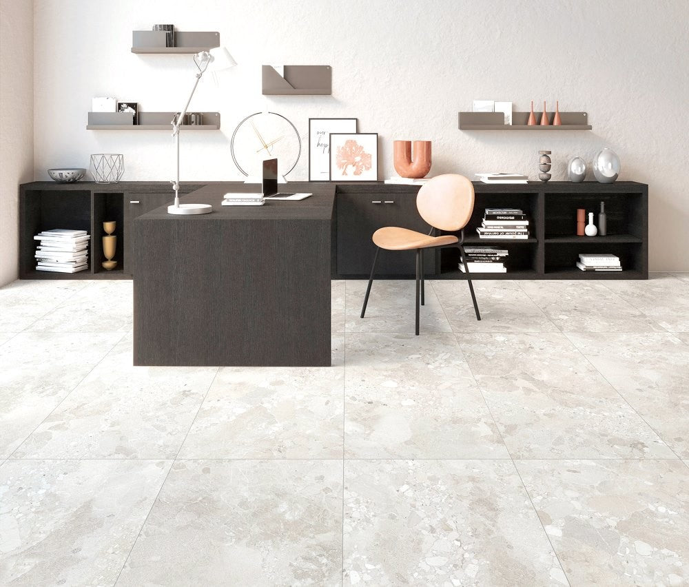 Sassi Stone White Matt Terrazzo Look Porcelain Tiles in a room setting