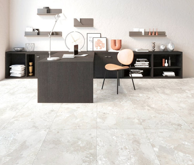 Sassi Stone White Matt Terrazzo Look Porcelain Tiles in a room setting