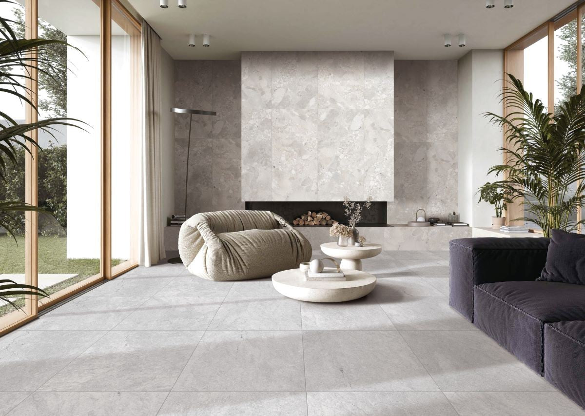 Sassi Stone White Matt Terrazzo Look Porcelain Tiles in a room setting