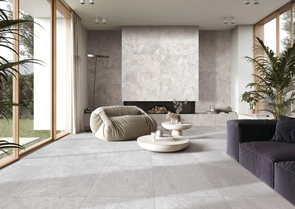 Sassi Stone White Matt Terrazzo Look Porcelain Tiles in a room setting