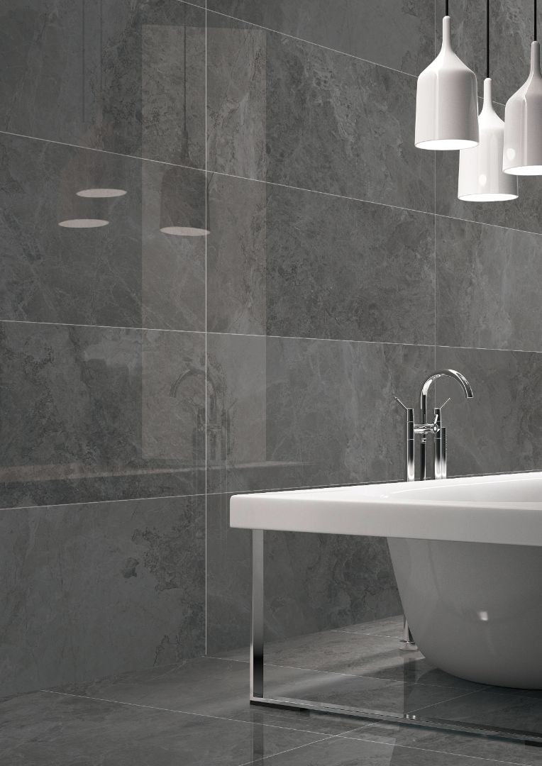 Schwarz Black Polished Marble Look Porcelain Tiles 300x600mm in a room setting