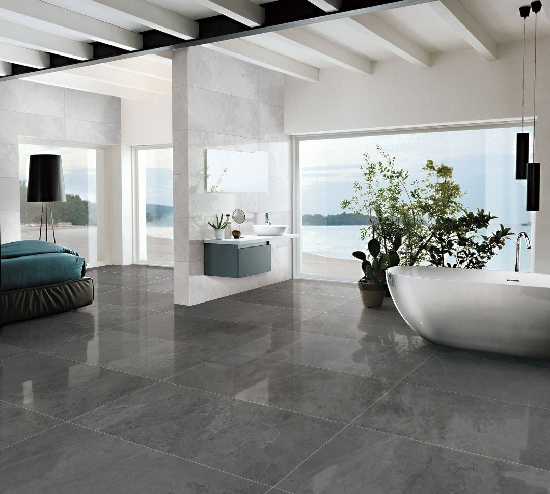 Schwarz Black Polished Marble Look Porcelain Tiles 300x600mm in a room setting