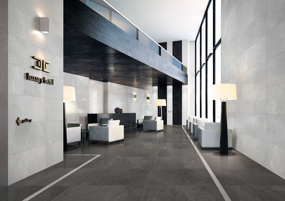 Schwarz Black Polished Marble Look Porcelain Tiles 300x600mm in a room setting