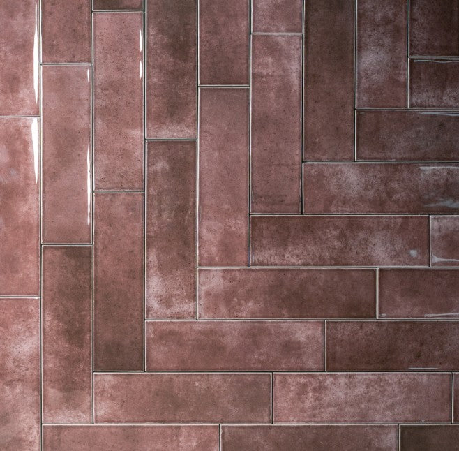 Shallow Aubergine Gloss Porcelain Subway Tiles in a room setting