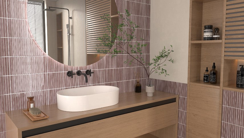 Shallow Aubergine Kit Kat Gloss Porcelain Tiles in a room setting