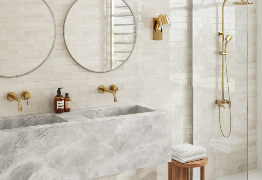 Shallow Bone Gloss Porcelain Subway Tiles in a room setting