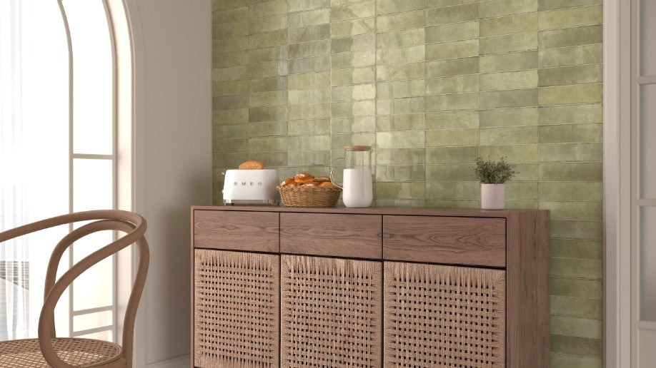 Shallow Musk Gloss Porcelain Subway Tiles in a room setting