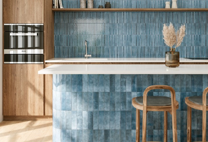 Shallow Ocean Gloss Porcelain Subway Tiles in a room setting