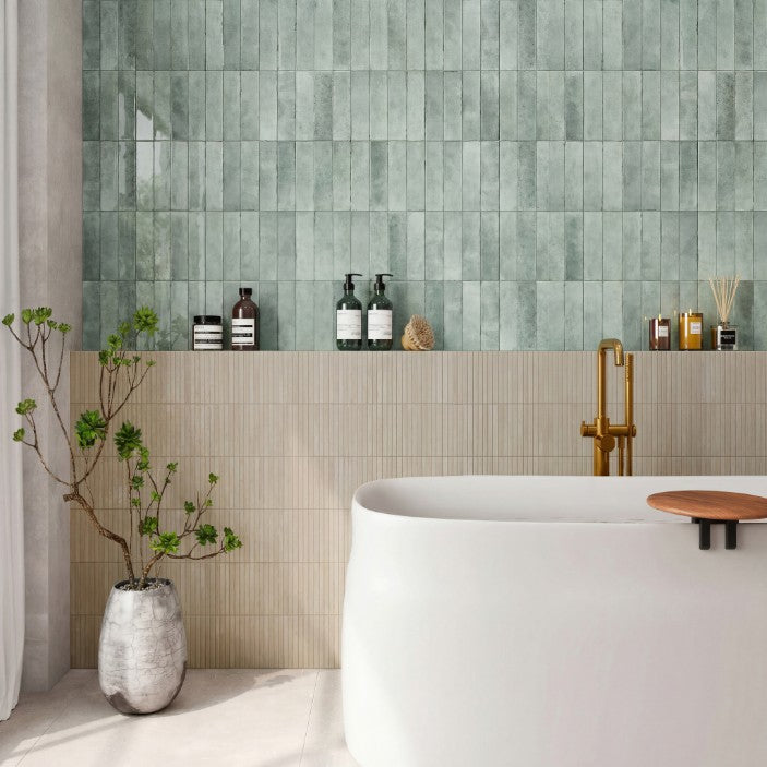 Shallow Turquoise Gloss Porcelain Subway Tiles in a room setting