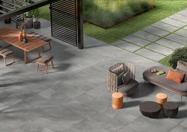 Slash Mid Grey Matt Stone Look Porcelain Tiles 304x610mm in a room setting