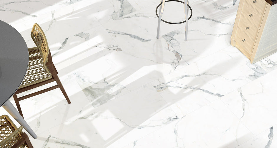 Statuario Bianco Matt Marble Look Porcelain Tiles 300x600mm in a room setting