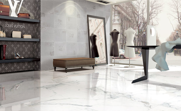 Statuario Bianco Matt Marble Look Porcelain Tiles 600x1200mm in a room setting