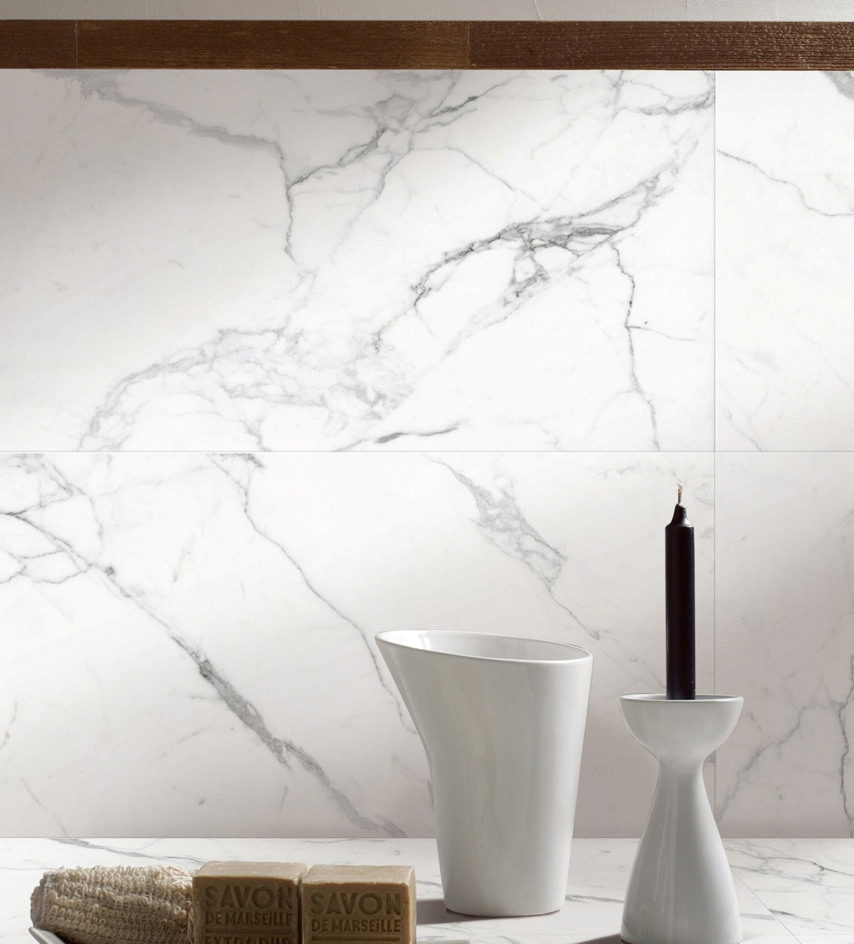 Statuario Bianco Polished Marble Look Porcelain Tiles 300x600mm in a room setting