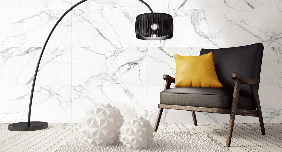 Statuario Bianco Polished Marble Look Porcelain Tiles 600x1200mm in a room setting