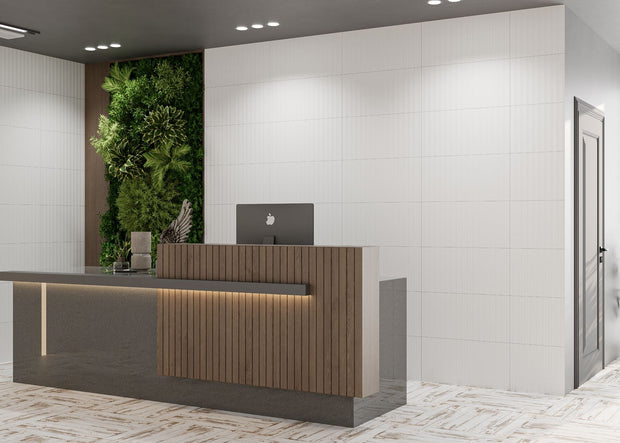 Stellar White Concave Decor Matt Ceramic Tiles in a room setting