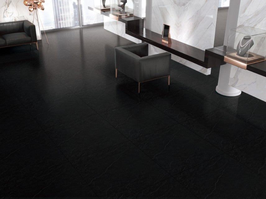 Super Black Slate Textured Matt Porcelain Tiles 300x600mm in a room setting