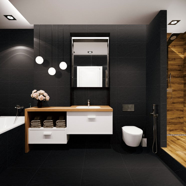 Super Black Slate Textured Matt Porcelain Tiles 600x600mm in a room setting