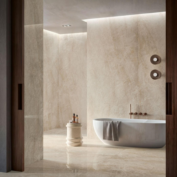 Taj Mahal Amber Matt Stone Look Porcelain Tiles 600x1200mm in a room setting