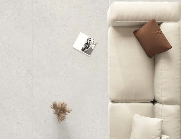Terramix White Matt Concrete Look Porcelain Tiles in a room setting
