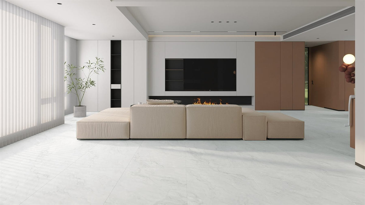Time Iceland Satin Marble Look Porcelain Tiles in a room setting