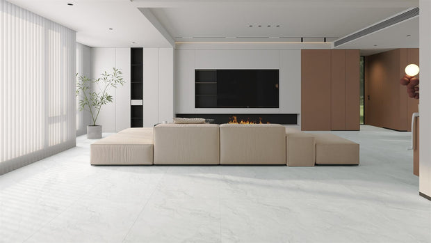 Time Iceland Satin Marble Look Porcelain Tiles in a room setting