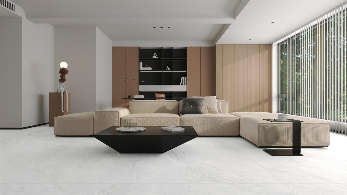 Time Iceland Satin Marble Look Porcelain Tiles in a room setting