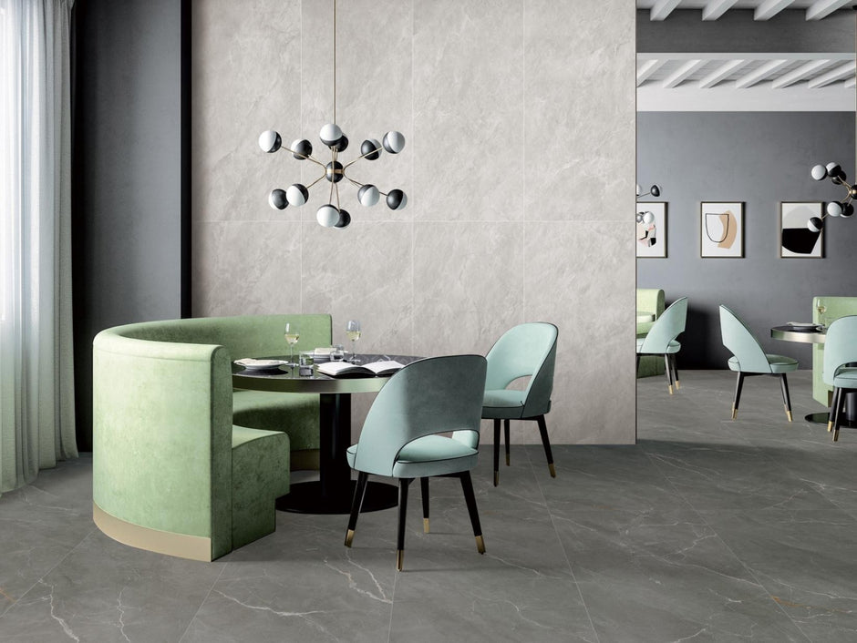 Time Macchiato Satin Marble Look Porcelain Tiles in a room setting