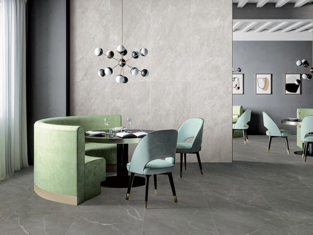 Time Macchiato Satin Marble Look Porcelain Tiles in a room setting